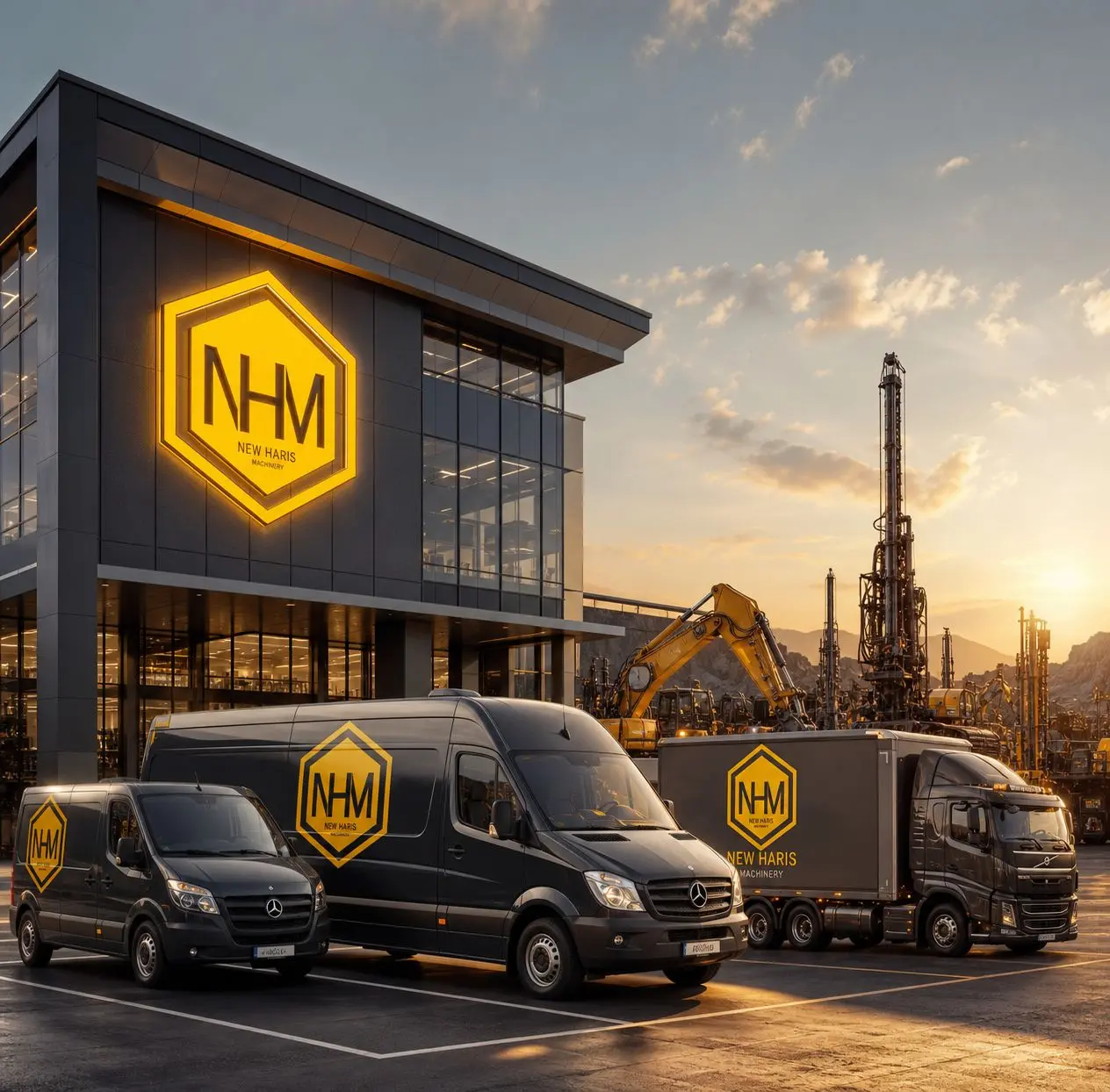 New Haris Machinery — 3D Corporate Headquarters & Fleet Signage Mockup