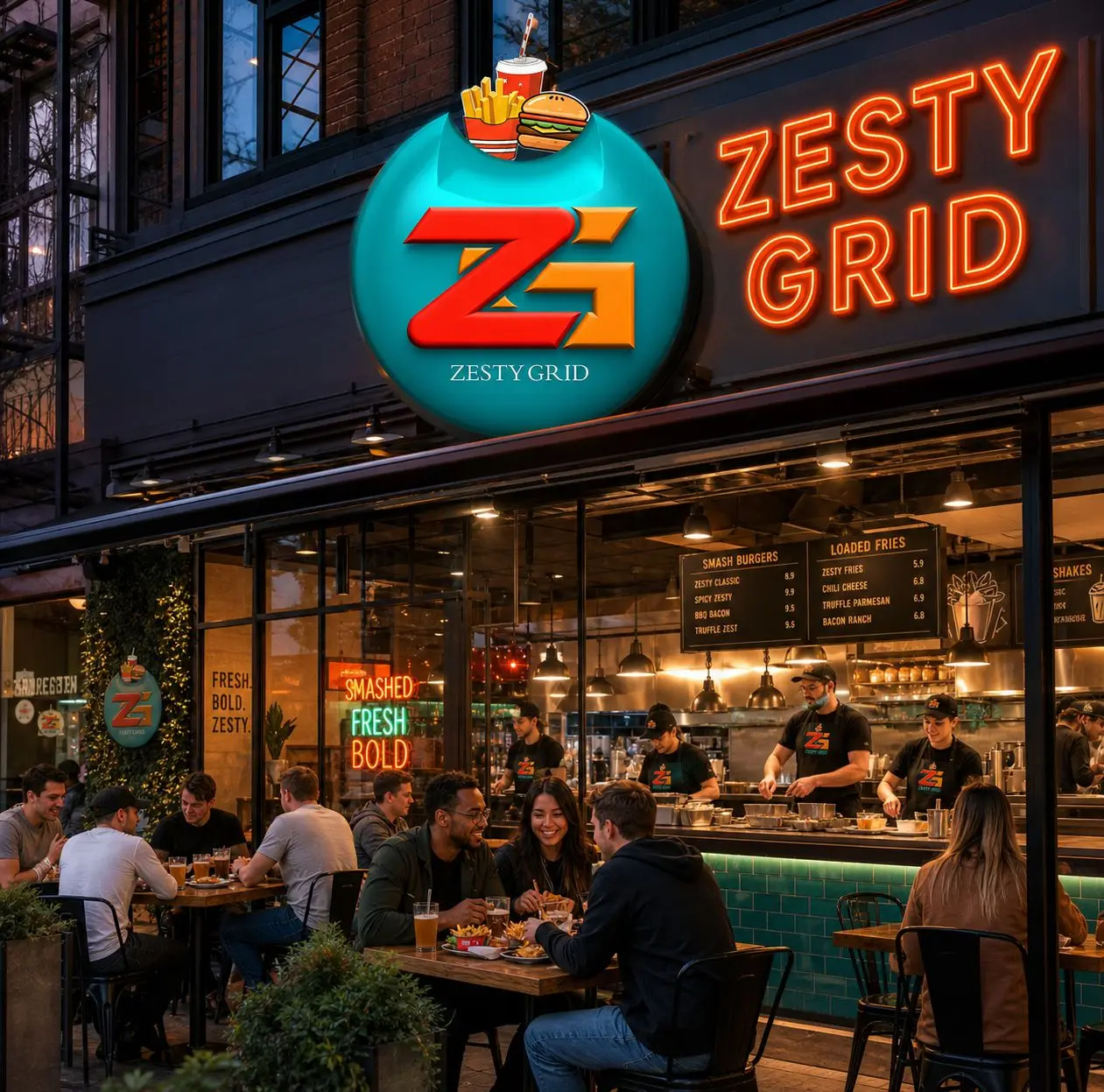 Zesty Grid — Fast-Casual Burger Restaurant Storefront Mockup
