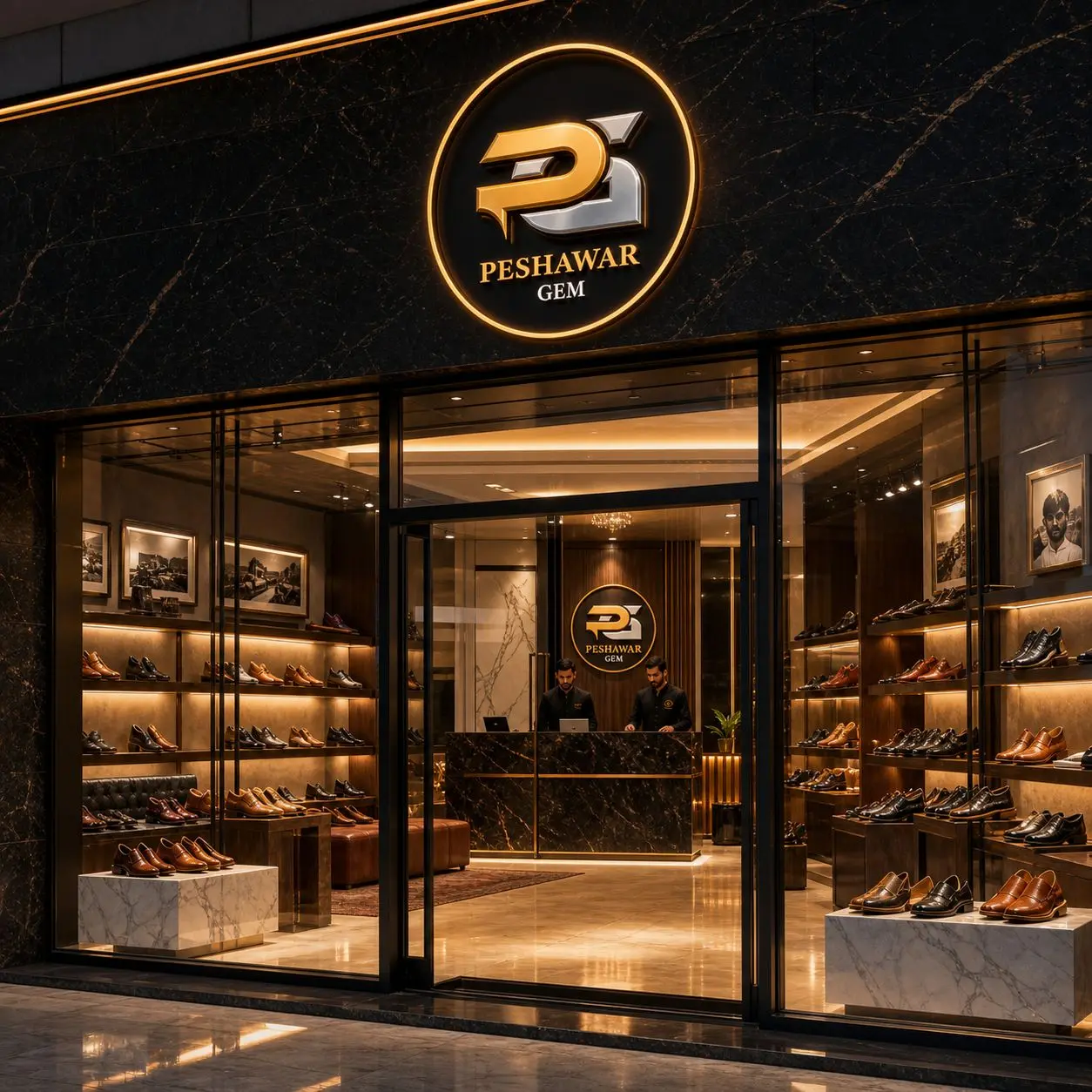 Peshawar Gem — Luxury Footwear Flagship Boutique Storefront Mockup