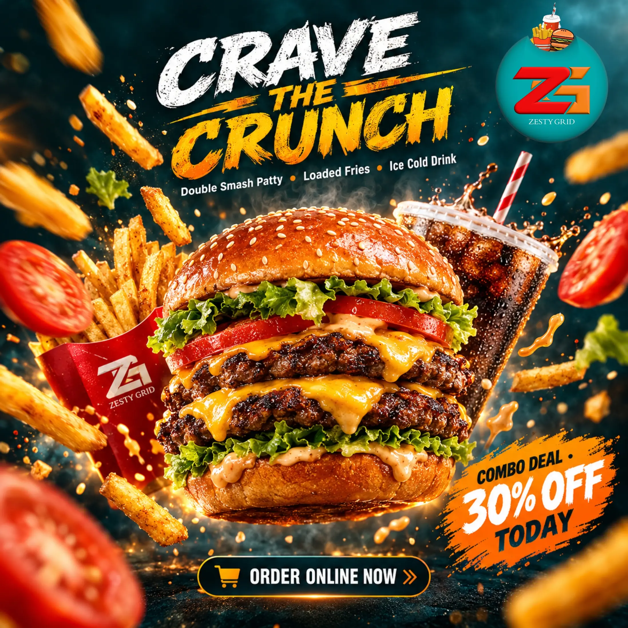 Zesty Grid — Crave The Crunch Explosive Gourmet Burger Ad