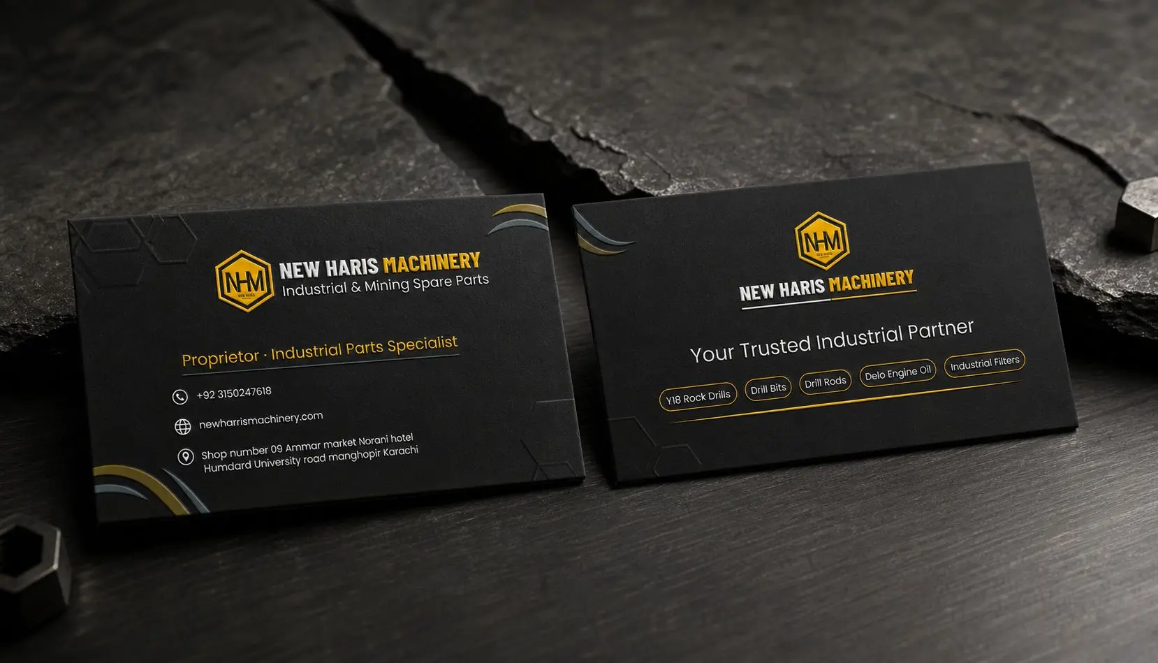 New Haris Machinery — Dual Business Card Slate Stone Showcase